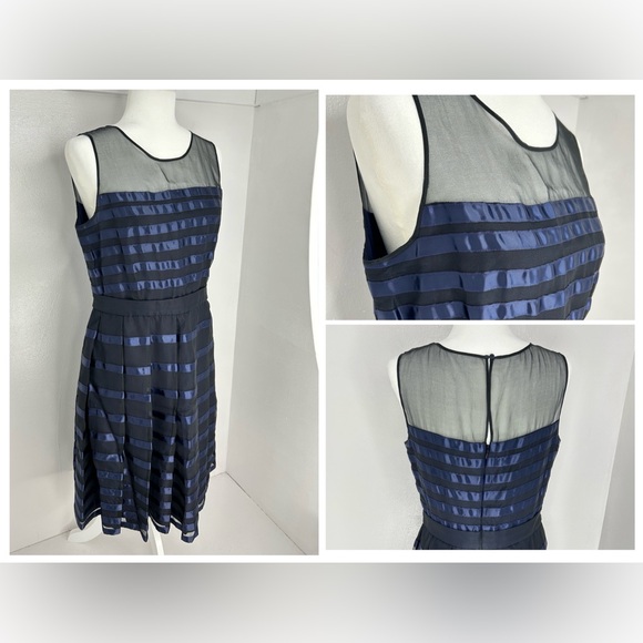 Halston Heritage‎ Blue Black Silk Dress Size 10 Wedding Cruise Party Cocktail - Picture 1 of 13